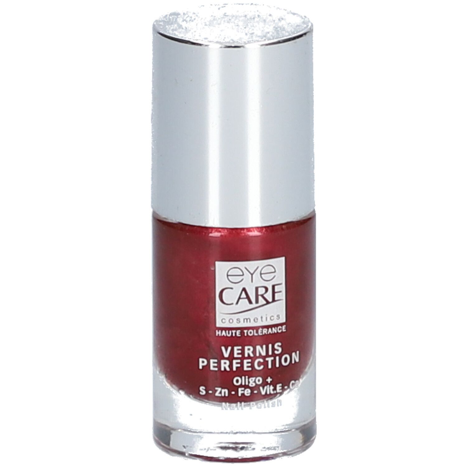Flacone di smalto con tappo argentato. Scritta: Eye Care Cosmetics, Vernis Perfection, colore rosso rubino.