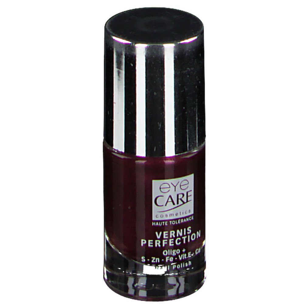 Flacon de vernis à ongles avec bouchon argenté. Inscription: eye care cosmetics, Vernis Perfection, Nail Polish. Couleur: rouge foncé.