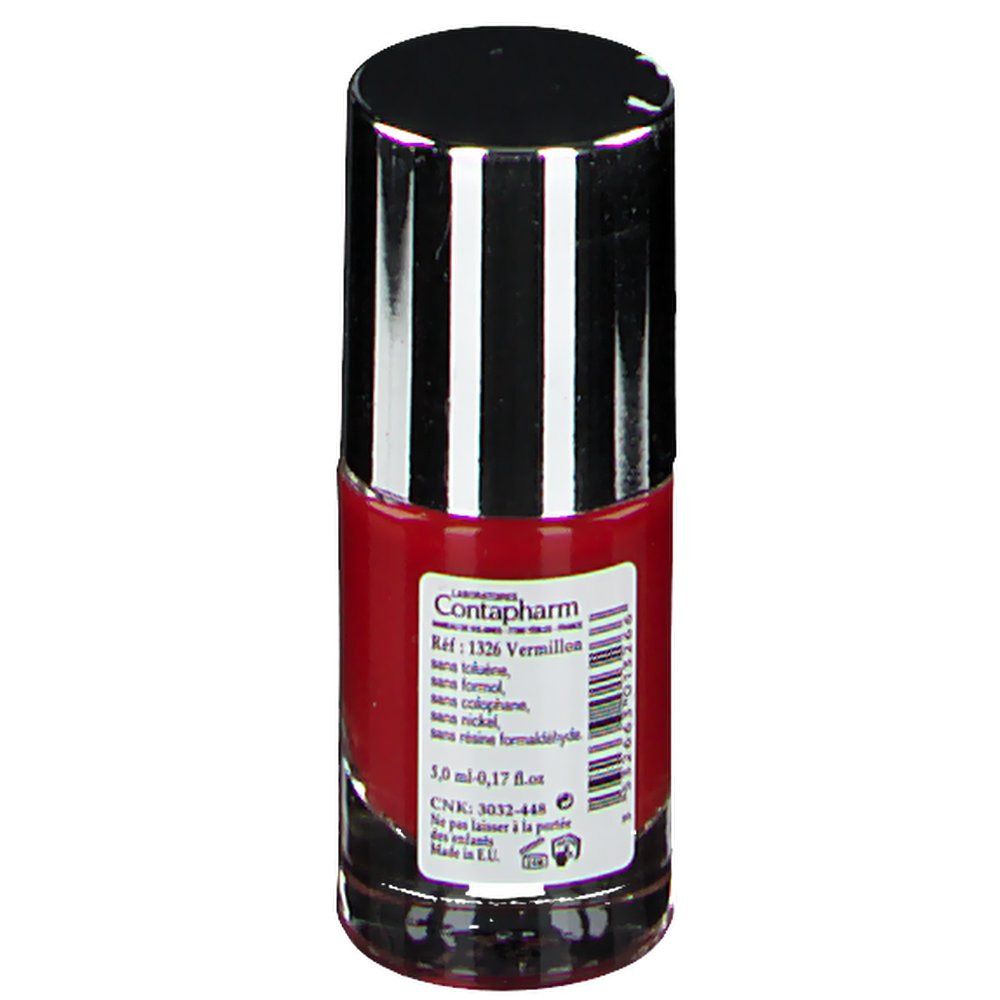 Roter Nagellackflakon mit schwarz-silbernem Deckel. Rückseite mit Produktinformationen. Aufschrift: Contapharm, 1326 Vermillon.