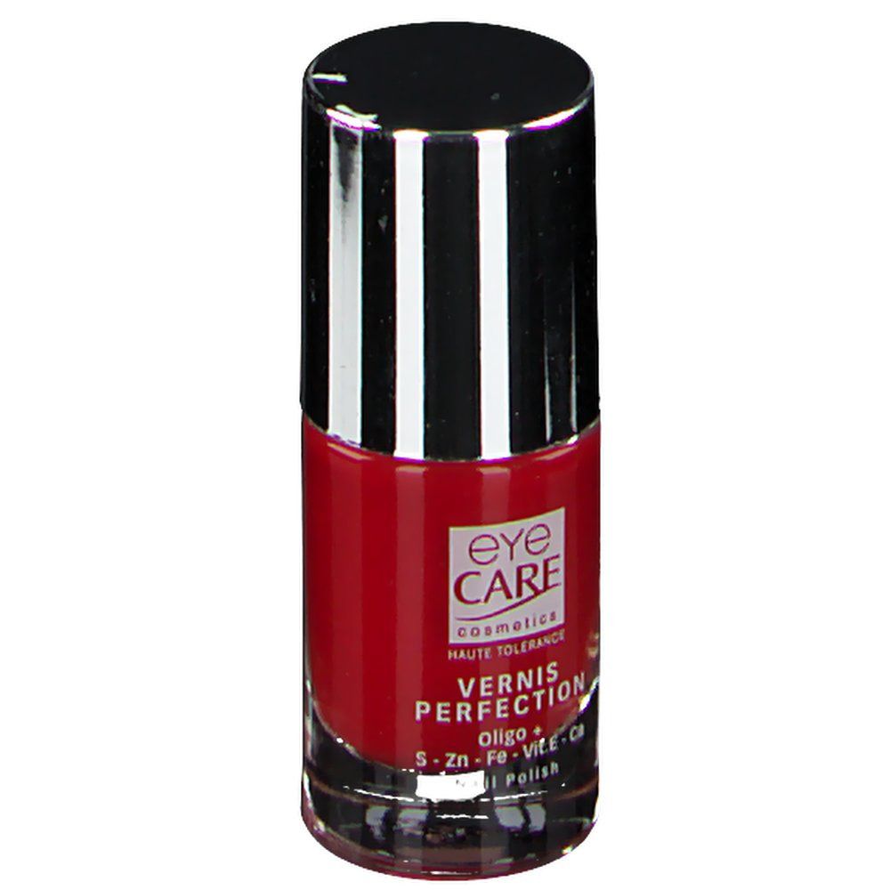 Roter Nagellackflakon mit schwarz-silbernem Deckel. Aufschrift: eye care cosmetics, Perfection, Vernis, Oligo +.