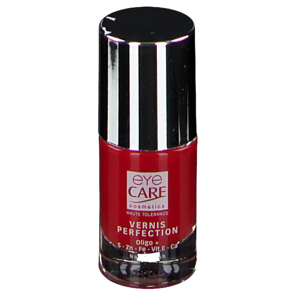 Roter Nagellackflakon mit schwarz-silbernem Deckel. Aufschrift: eye care cosmetics, Perfection, Vernis, Oligo +.