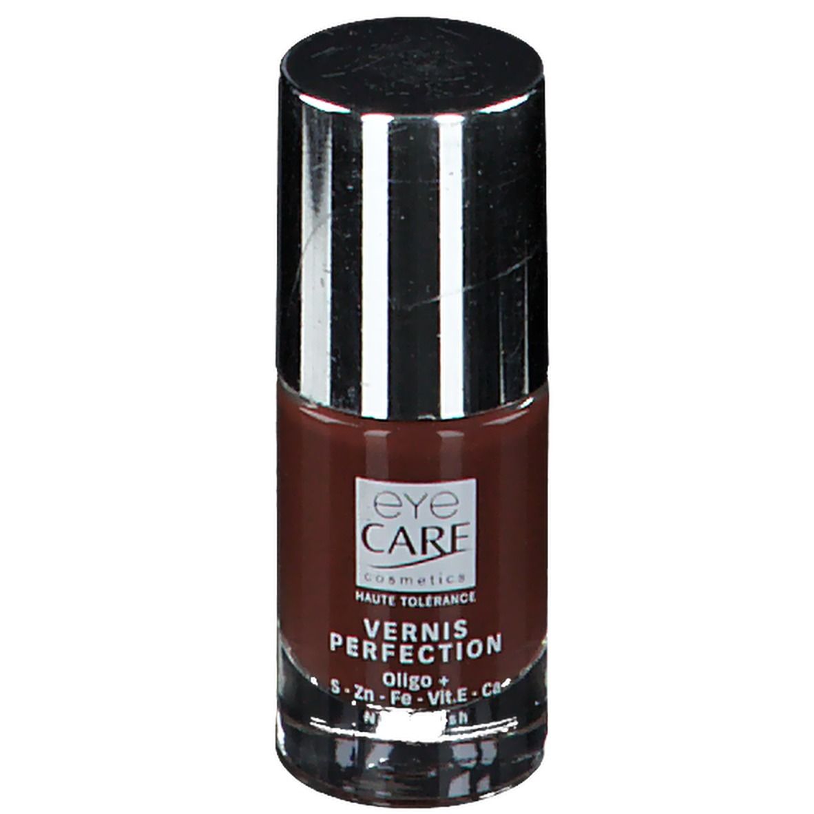 Flacon de vernis à ongles marron. Bouchon argenté. Inscription : Eye Care, Vernis Perfection.