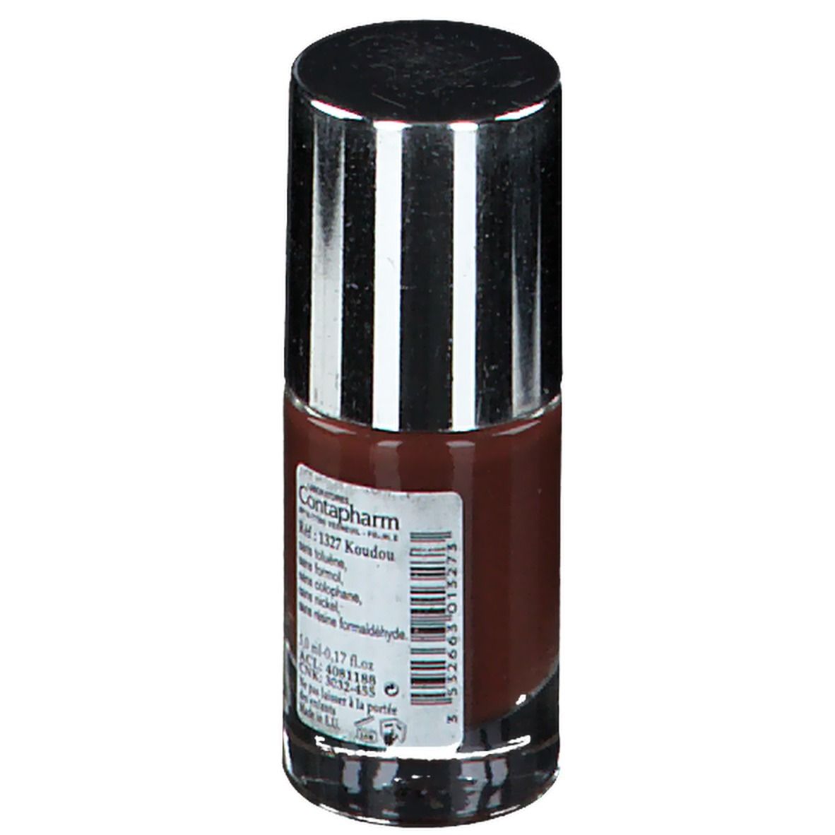 Flacon de vernis à ongles marron. Bouchon argenté. Étiquette avec informations et code-barres.