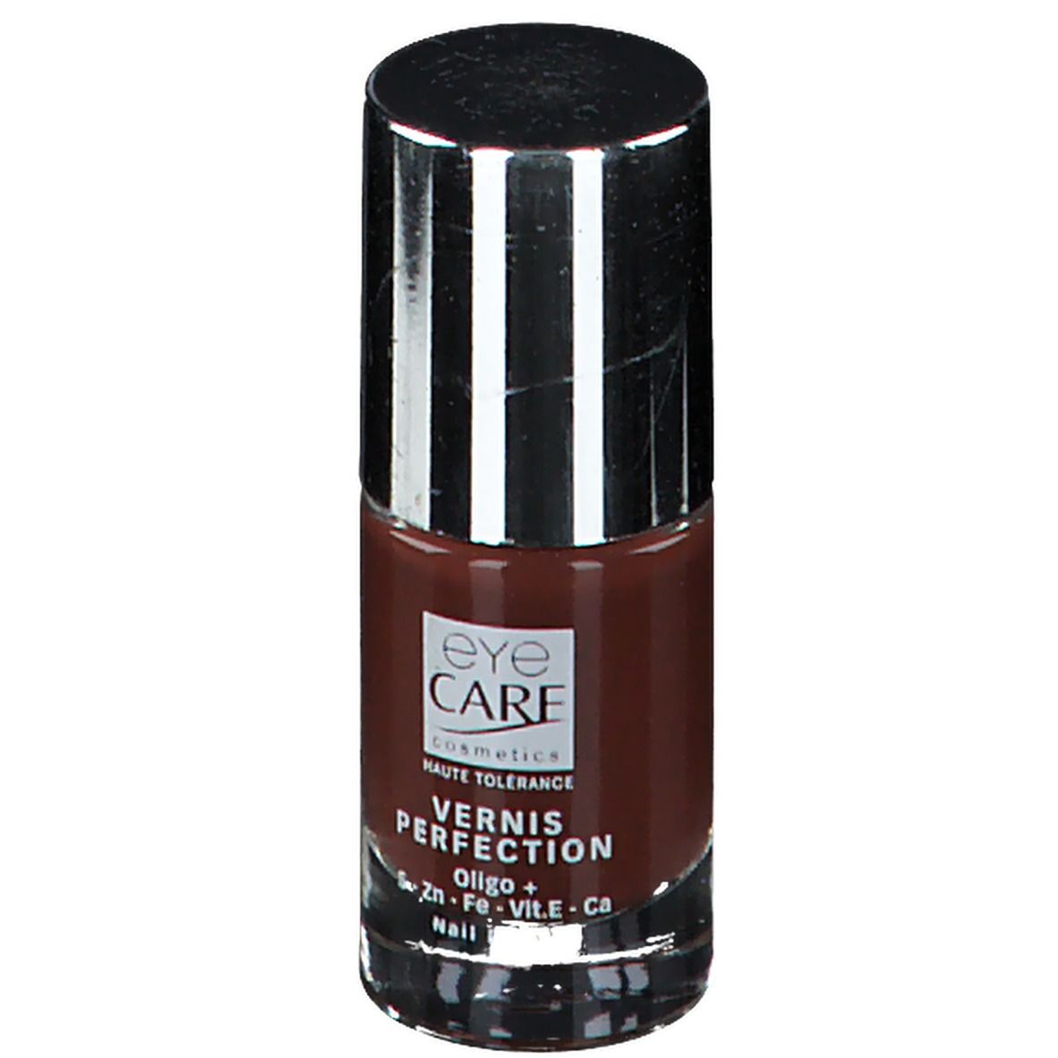 Flacon de vernis à ongles marron. Bouchon argenté. Inscription : Eye Care, Vernis Perfection.