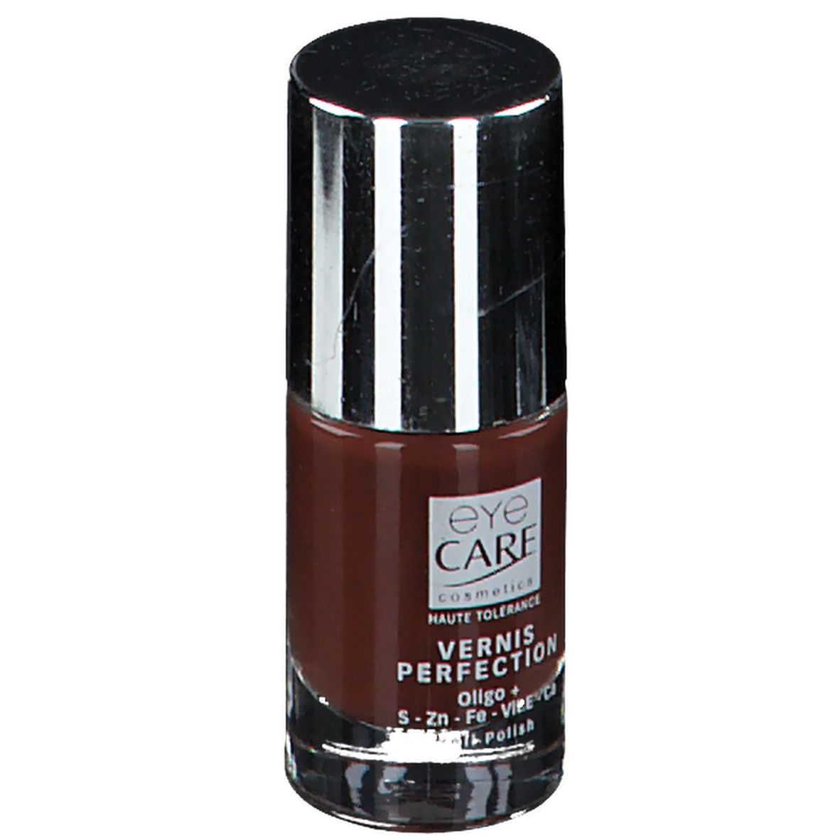 Flacon de vernis à ongles marron. Bouchon argenté. Inscription : Eye Care, Vernis Perfection.