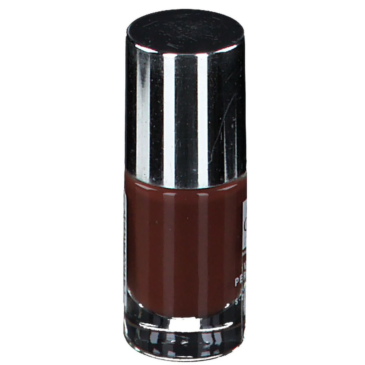 Flacon de vernis à ongles marron. Bouchon argenté. Étiquette avec informations produit.