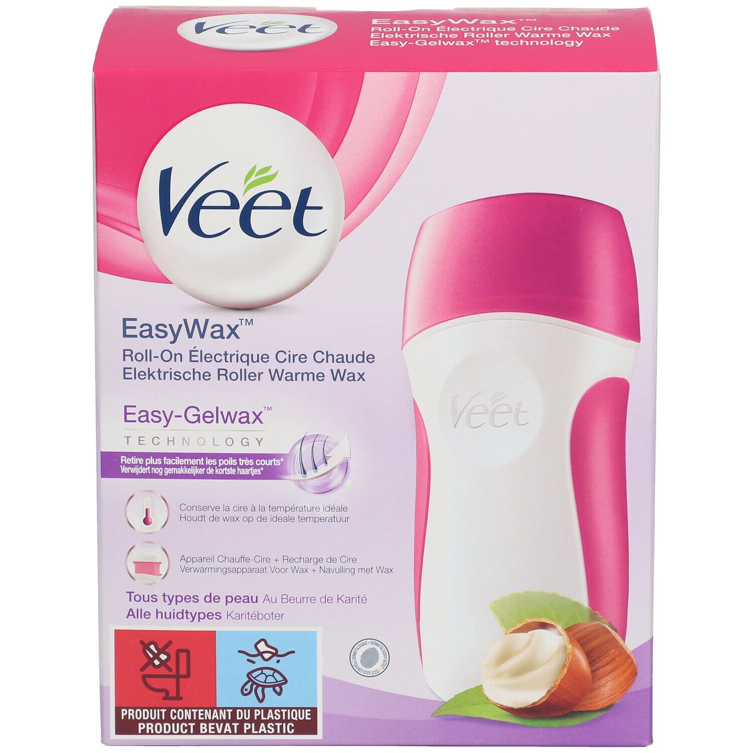 Boîte Veet EasyWax Roll-On. Roller de cire rose et blanc. Image du produit. Contient du beurre de karité. Logo du produit.