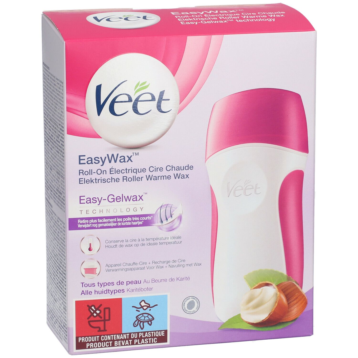 Boîte Veet EasyWax Roll-On. Roller de cire rose et blanc. Image du produit. Contient du beurre de karité. Logo du produit.