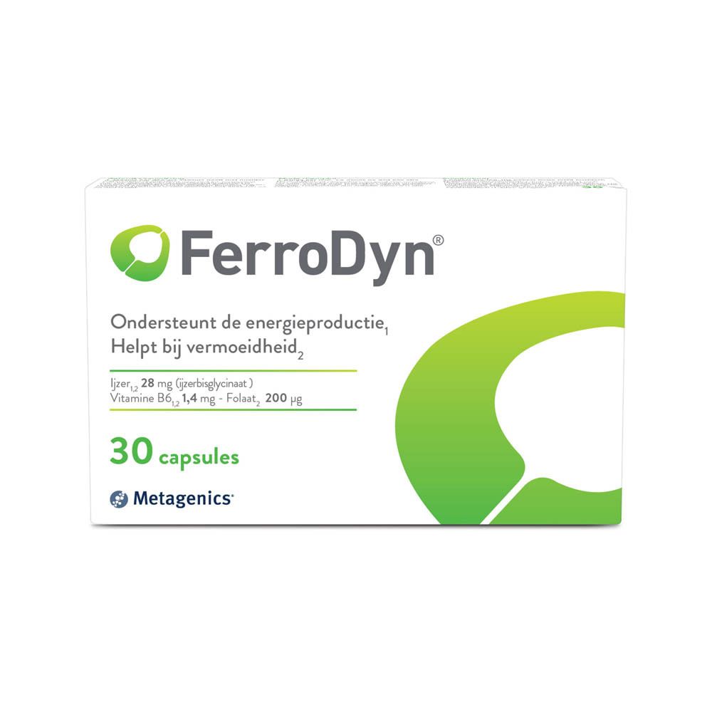 FerroDyn®-Packung. Weiß, mit grünem Design. Enthält 30 Kapseln. Metagenics-Logo.
