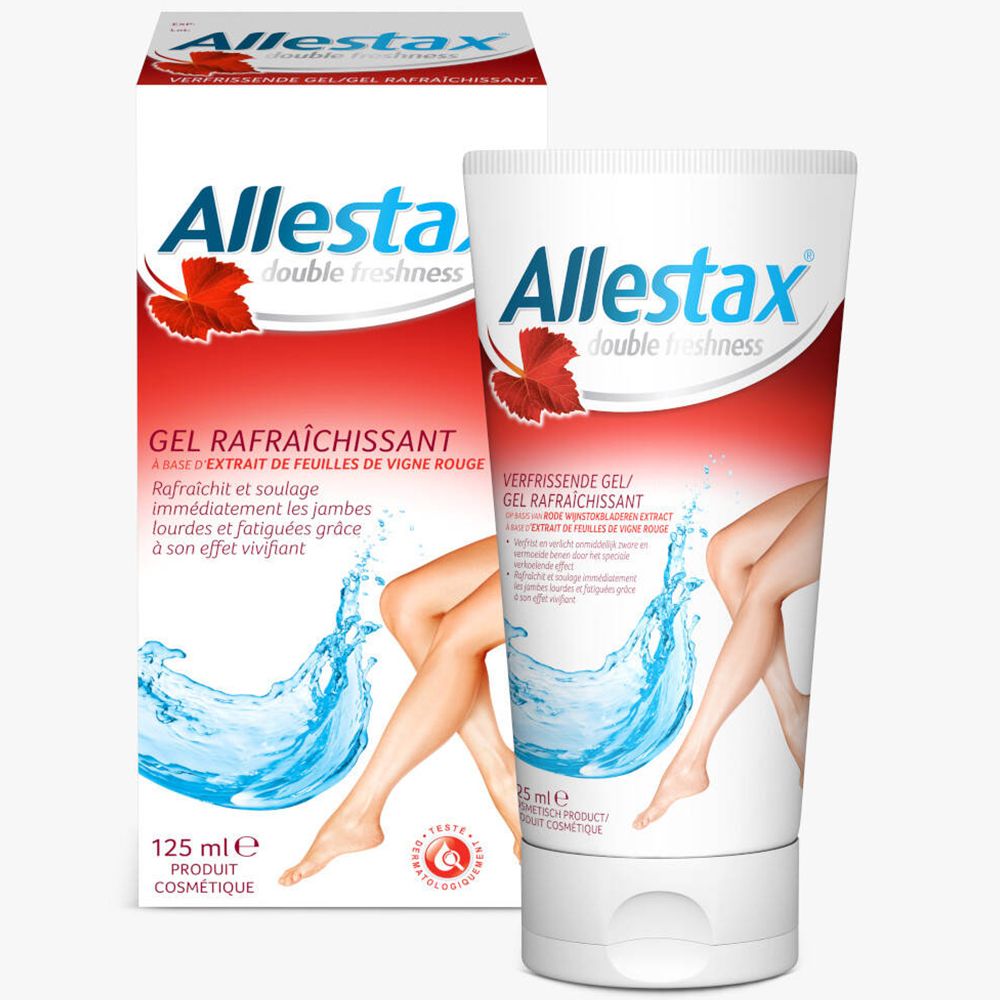 Tube en doos met Allestax gel. Opschrift: double freshness. Afbeelding van benen en water.