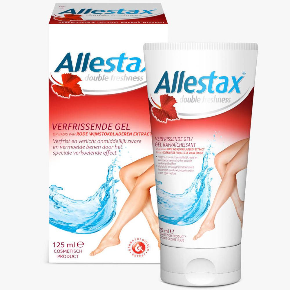 Tube en doos met Allestax gel. Opschrift: double freshness. Afbeelding van benen en water.
