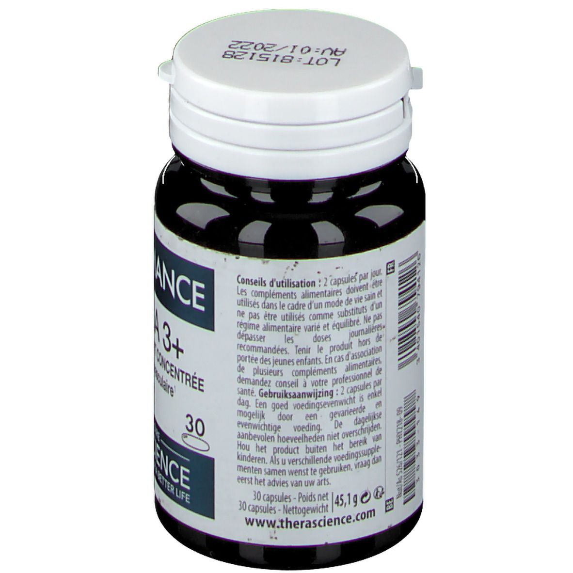Dos du flacon avec texte. Conseils d'utilisation et ingrédients. 30 capsules. www.therascience.com.
