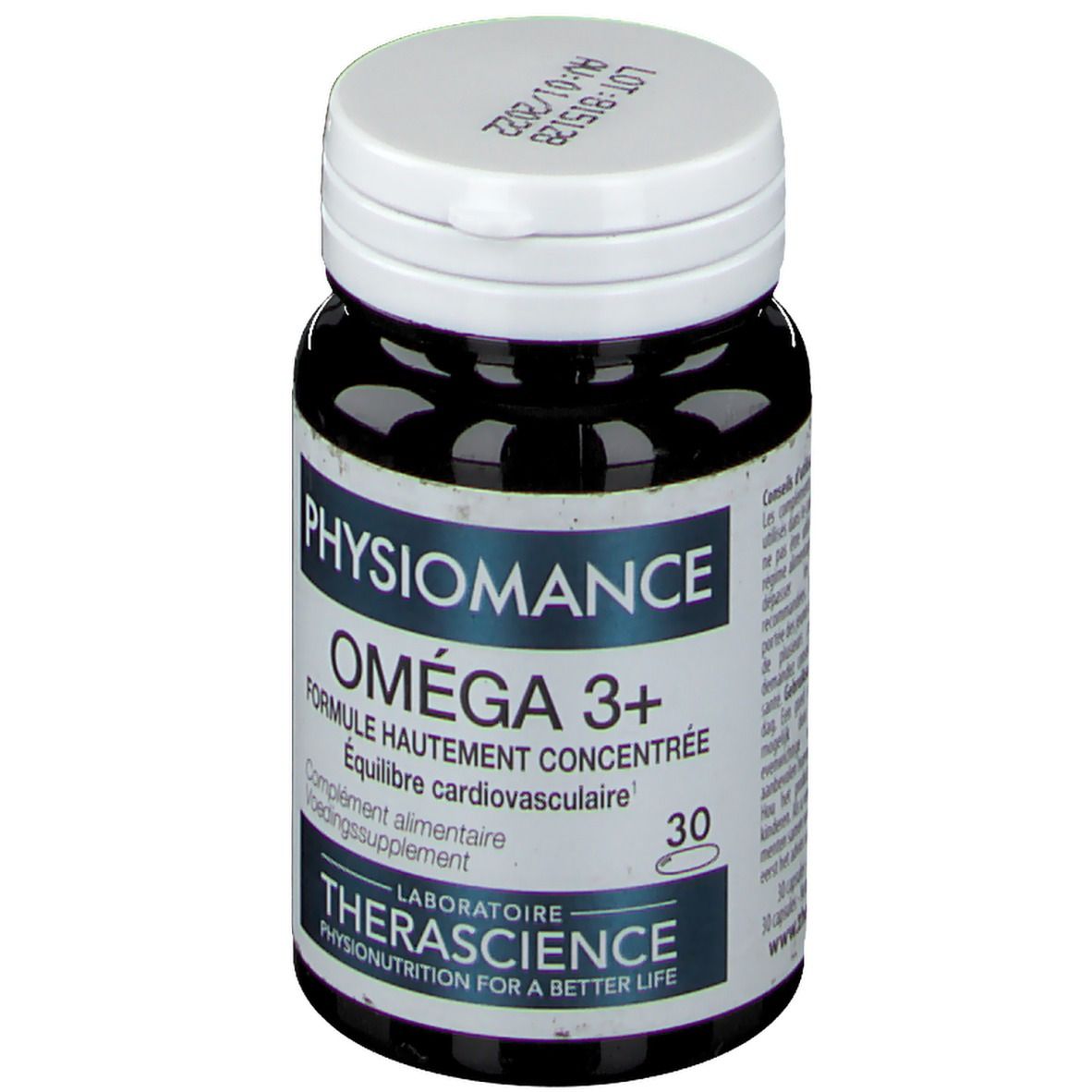 Flacon foncé, bouchon blanc. Inscription PHYSIOMANCE OMEGA 3+. 30 capsules. Laboratoire Therascience.