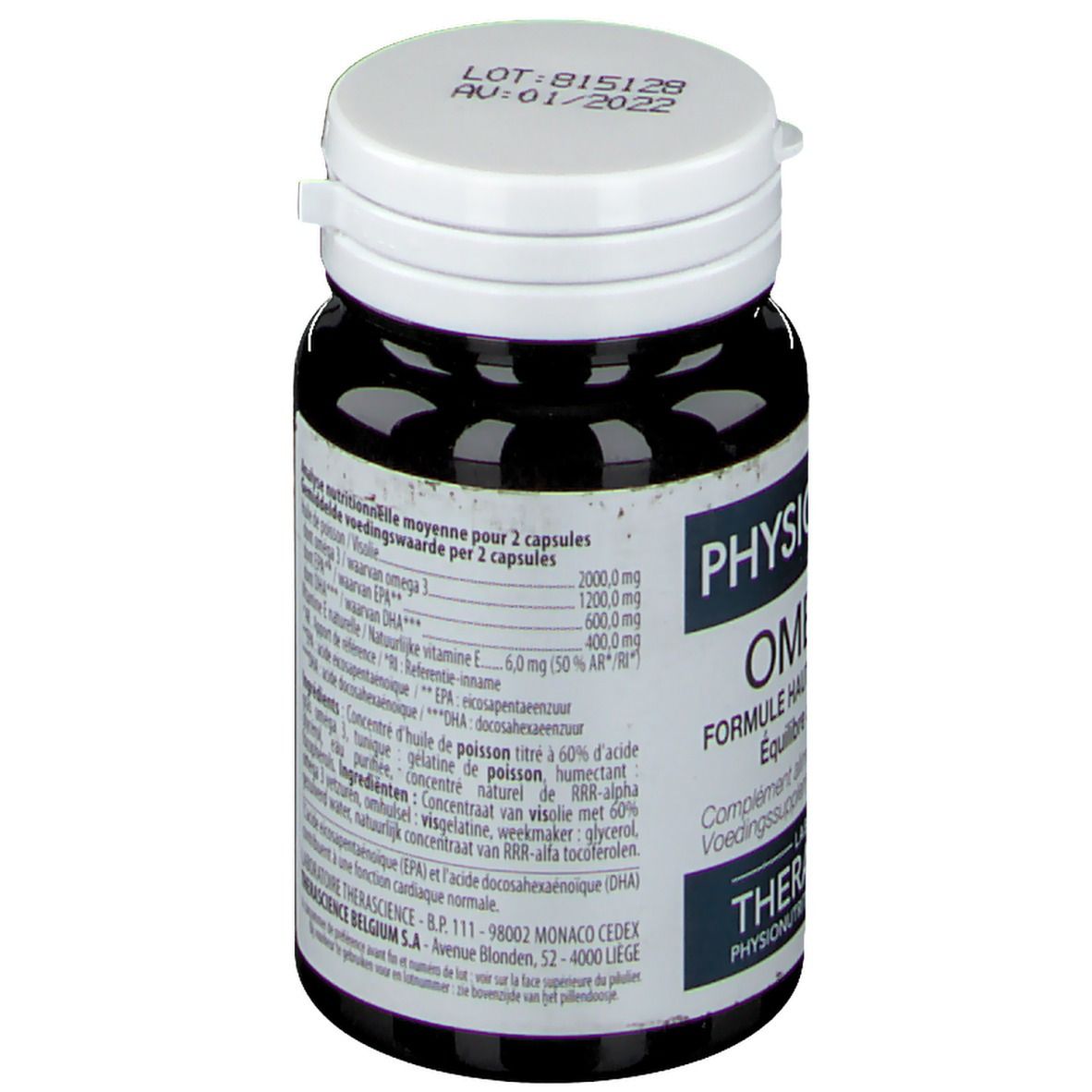 Dos du flacon avec texte. Informations nutritionnelles pour 2 capsules. Ingrédients. Laboratoire Therascience.