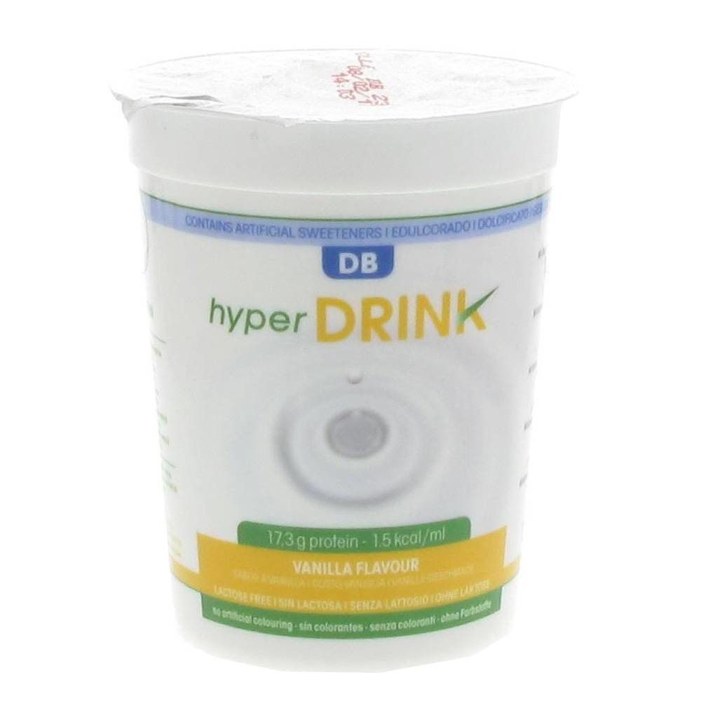 Gobelet avec couvercle. Inscription: hyper DRINK, DB. Goût: Vanille. Contient 17,3g de protéines et 1,5 kcal/ml.
