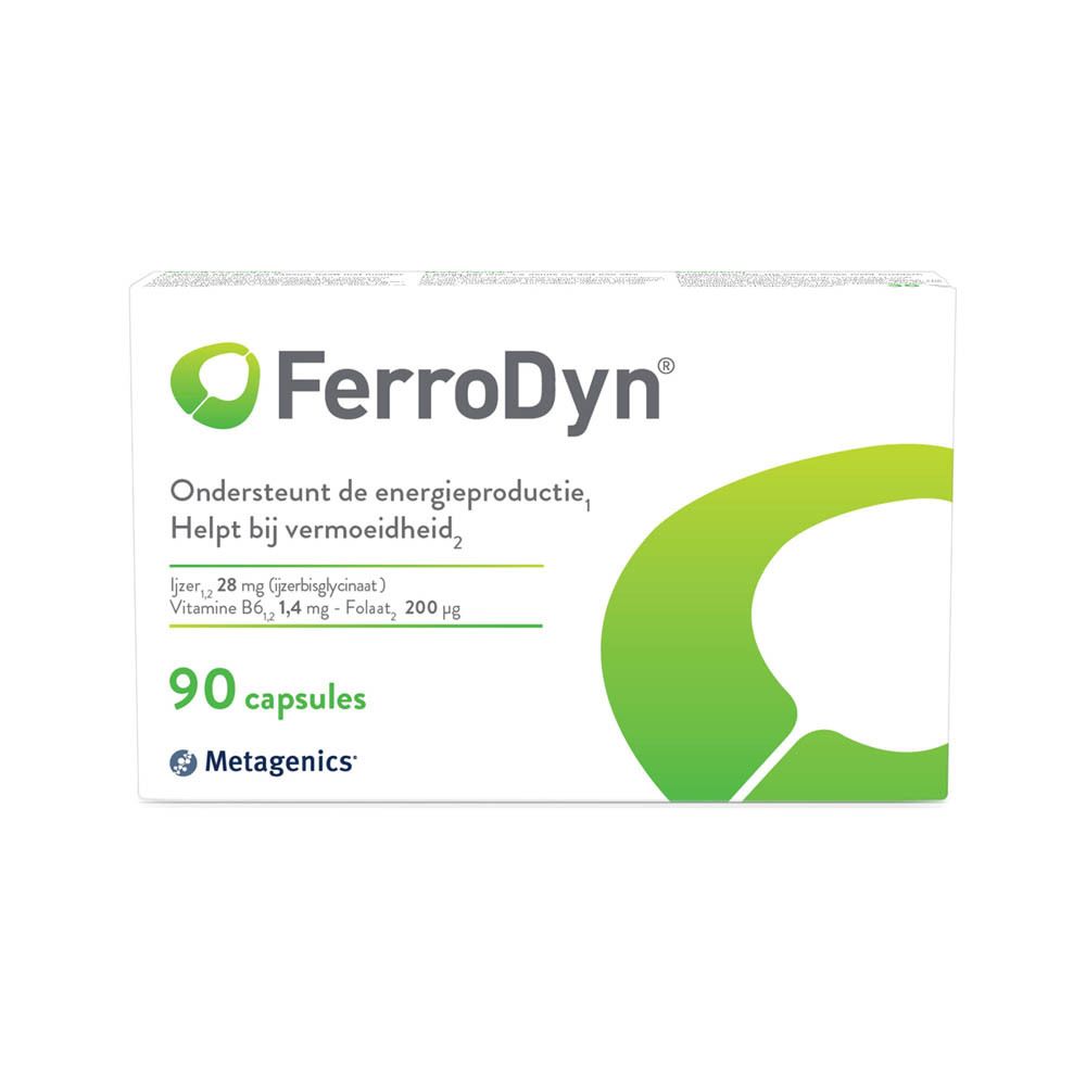 Ferrodyn verpakking met 90 capsules. Groen-wit design. Metagenics logo. Nederlandse tekst.