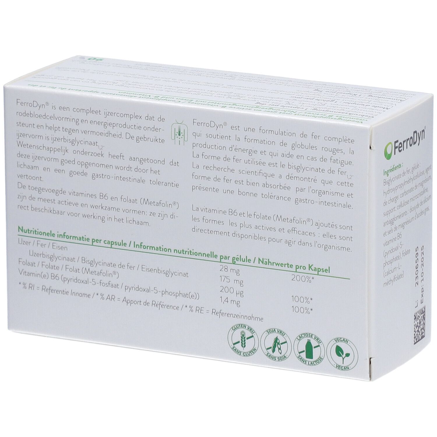 Dos de la boîte blanche avec logo vert Ferrodyn. Texte multilingue. Ingrédients et certifications.