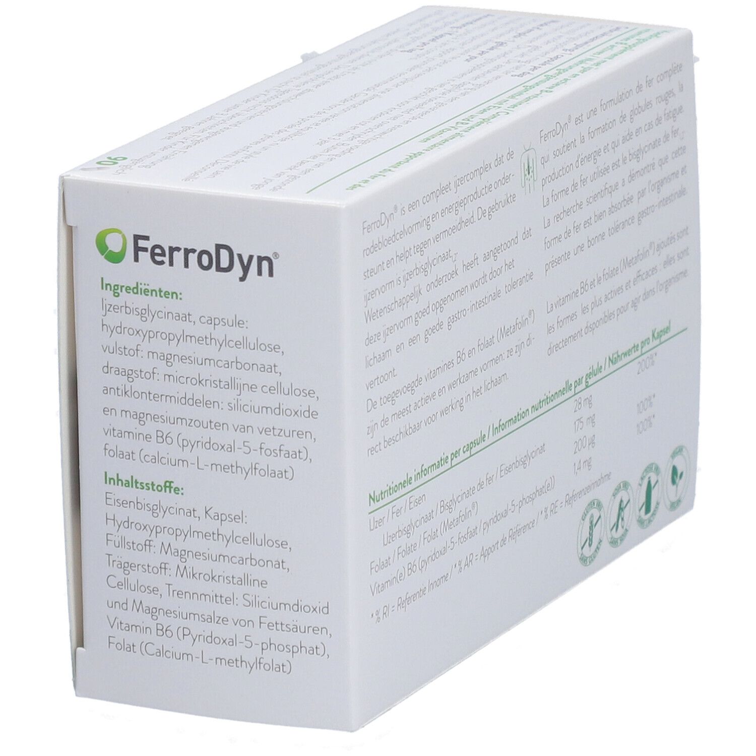 Dos de la boîte blanche avec logo vert Ferrodyn. Texte multilingue. Ingrédients et certifications.