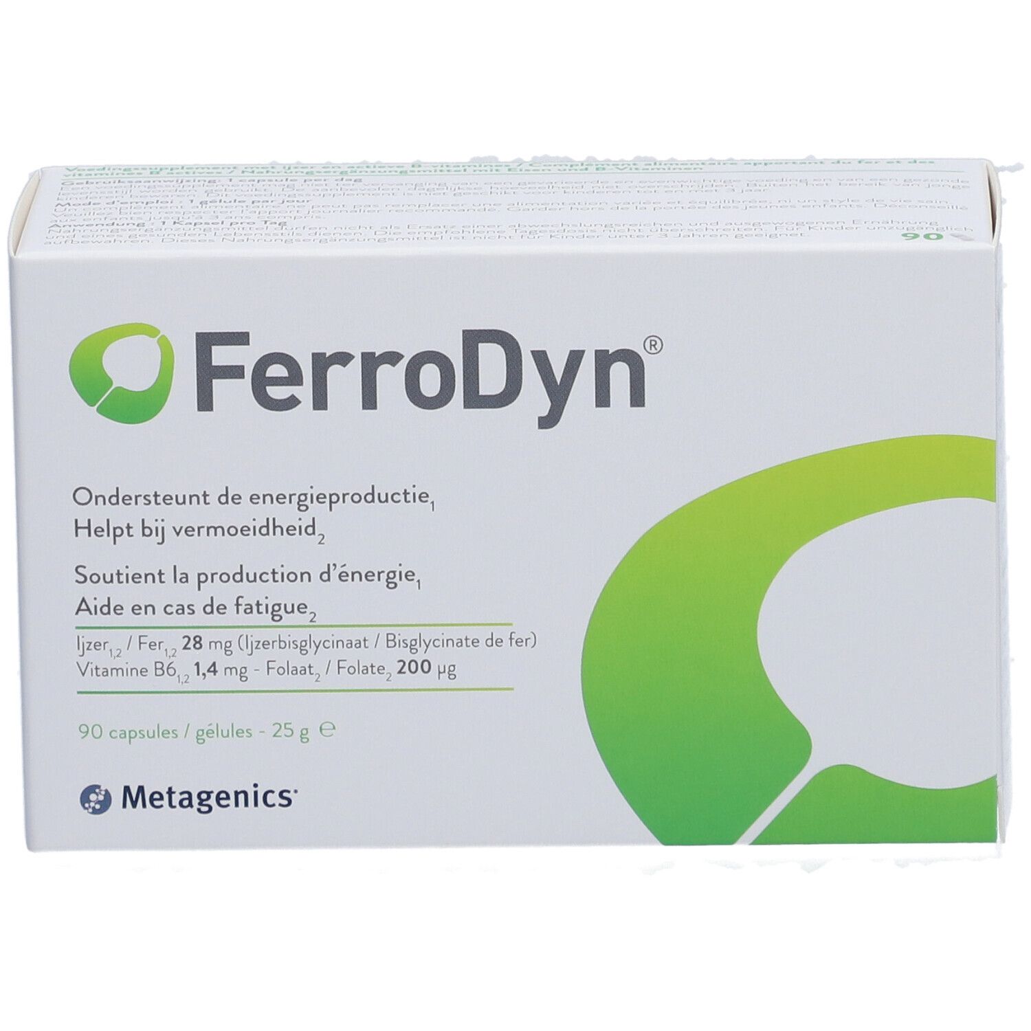 Boîte blanche avec logo vert et inscription Ferrodyn. Contient 90 gélules. Ingrédients et informations fabricant.