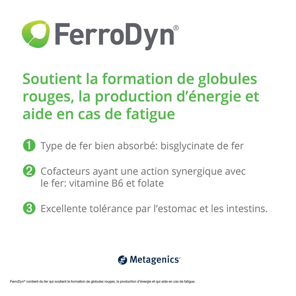 Boîte de Ferrodyn, 90 gélules. Design vert et blanc. Logo Metagenics. Texte en français.