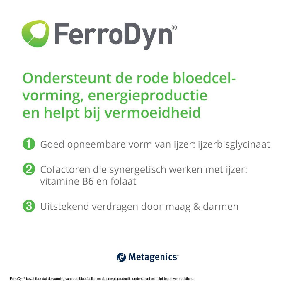 Ferrodyn productinformatie. Nederlandse tekst. Metagenics logo. Bevat informatie.