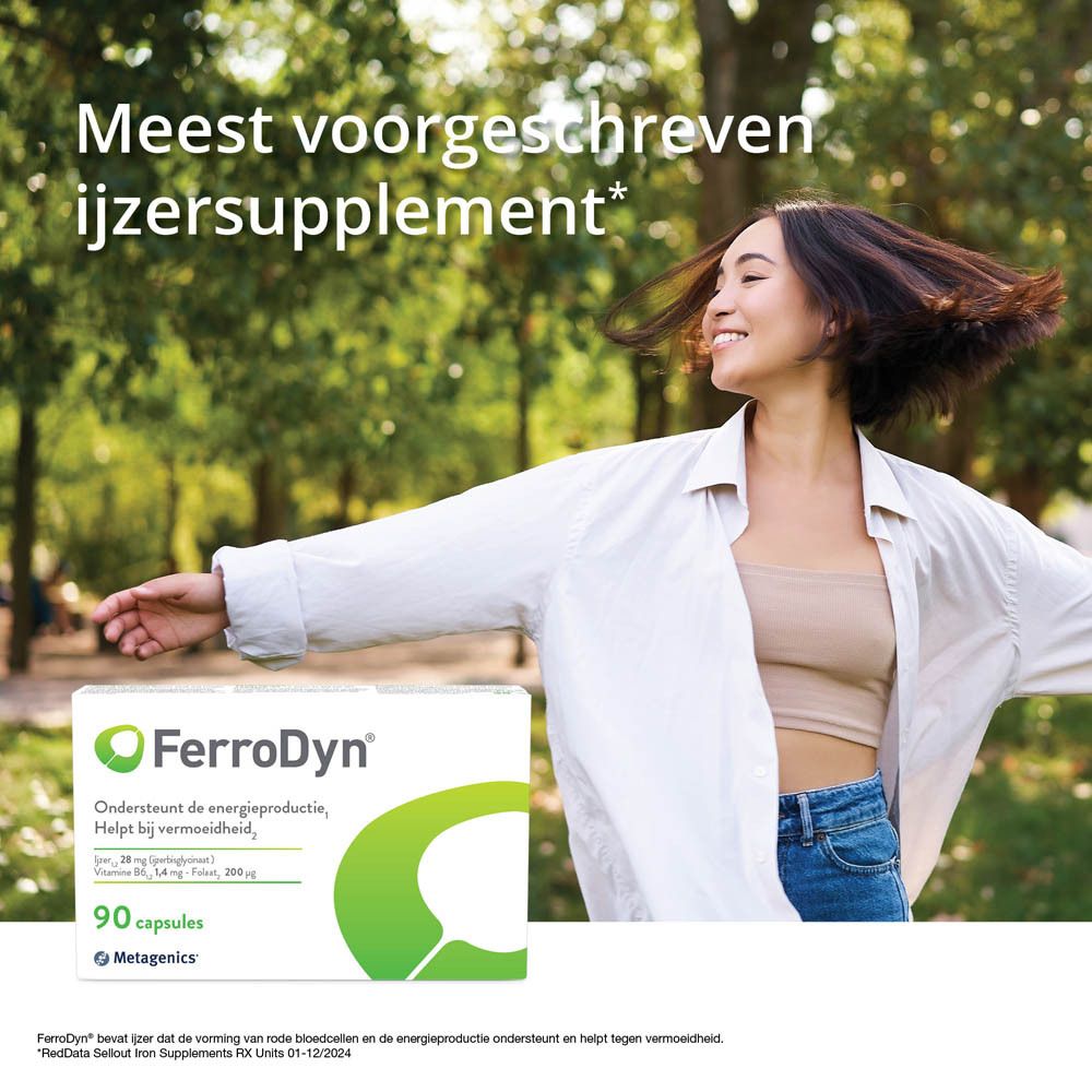 Ferrodyn verpakking met vrouw op de achtergrond. Groen-wit design. Metagenics logo. Nederlandse tekst.