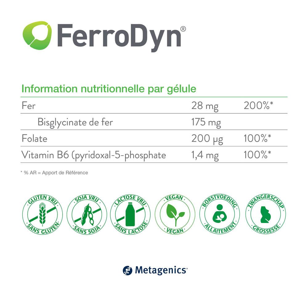 Boîte de Ferrodyn avec femme en arrière-plan. Design vert et blanc. Logo Metagenics. Texte en français.
