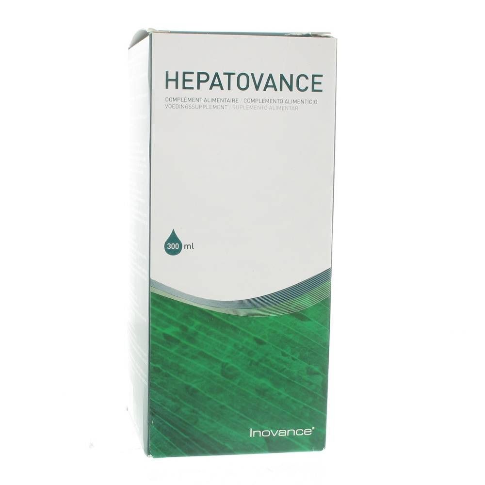 Boîte blanche avec design vert. Le mot « HEPATOVANCE » est en haut. En dessous, « 300 ml ». En bas, « Inovance ».