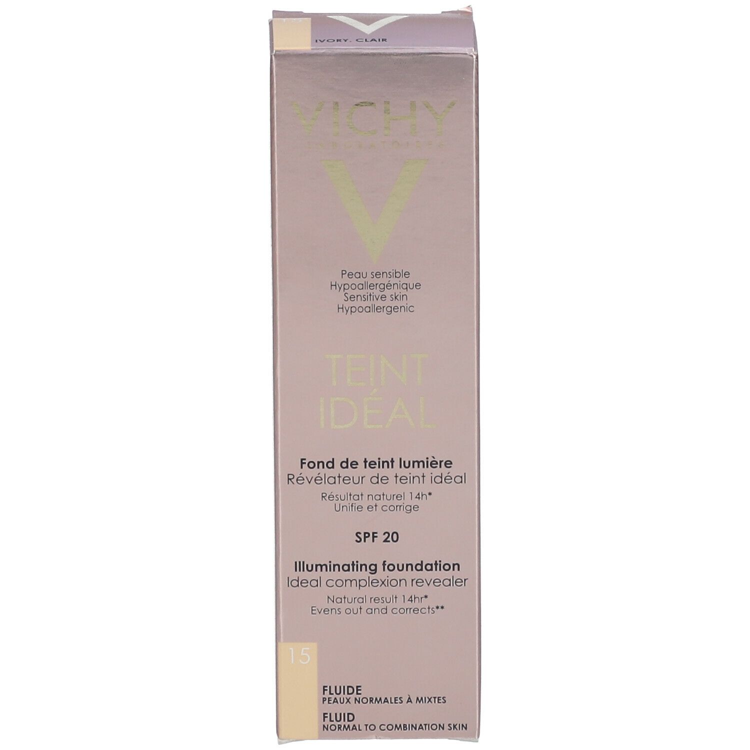 Emballage Vichy Teint Idéal. Nom du produit, SPF 20 et numéro de teinte 15 visibles.