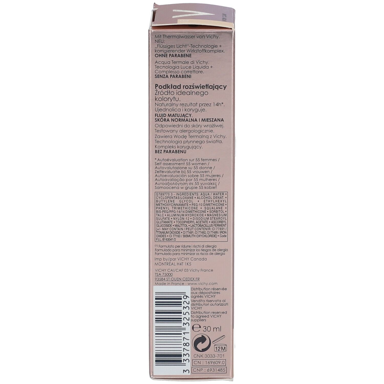 Côté de l'emballage Vichy Teint Idéal. Informations produit, ingrédients et code-barres visibles.