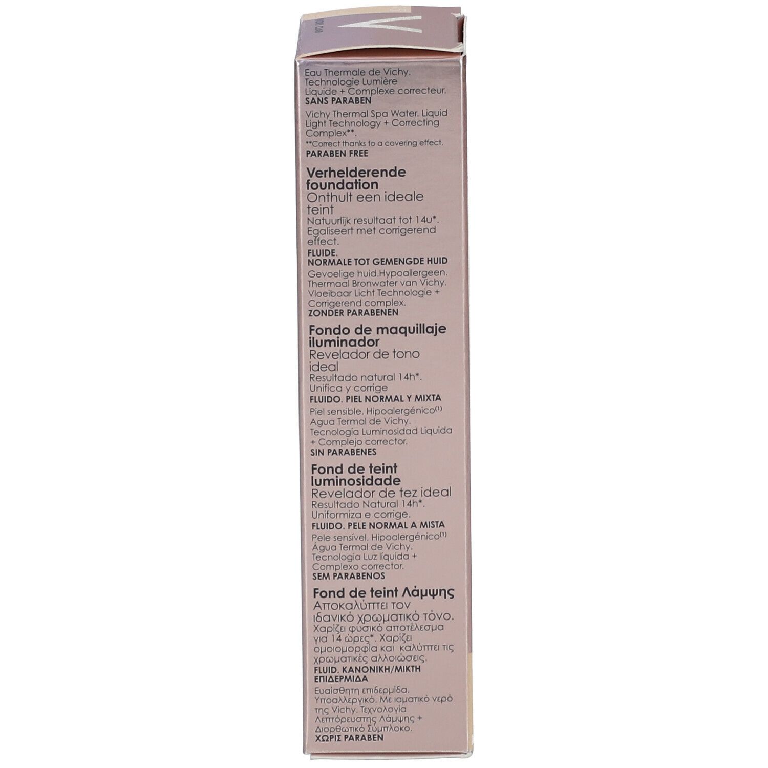 Côté de l'emballage Vichy Teint Idéal. Informations produit, ingrédients et code-barres visibles.