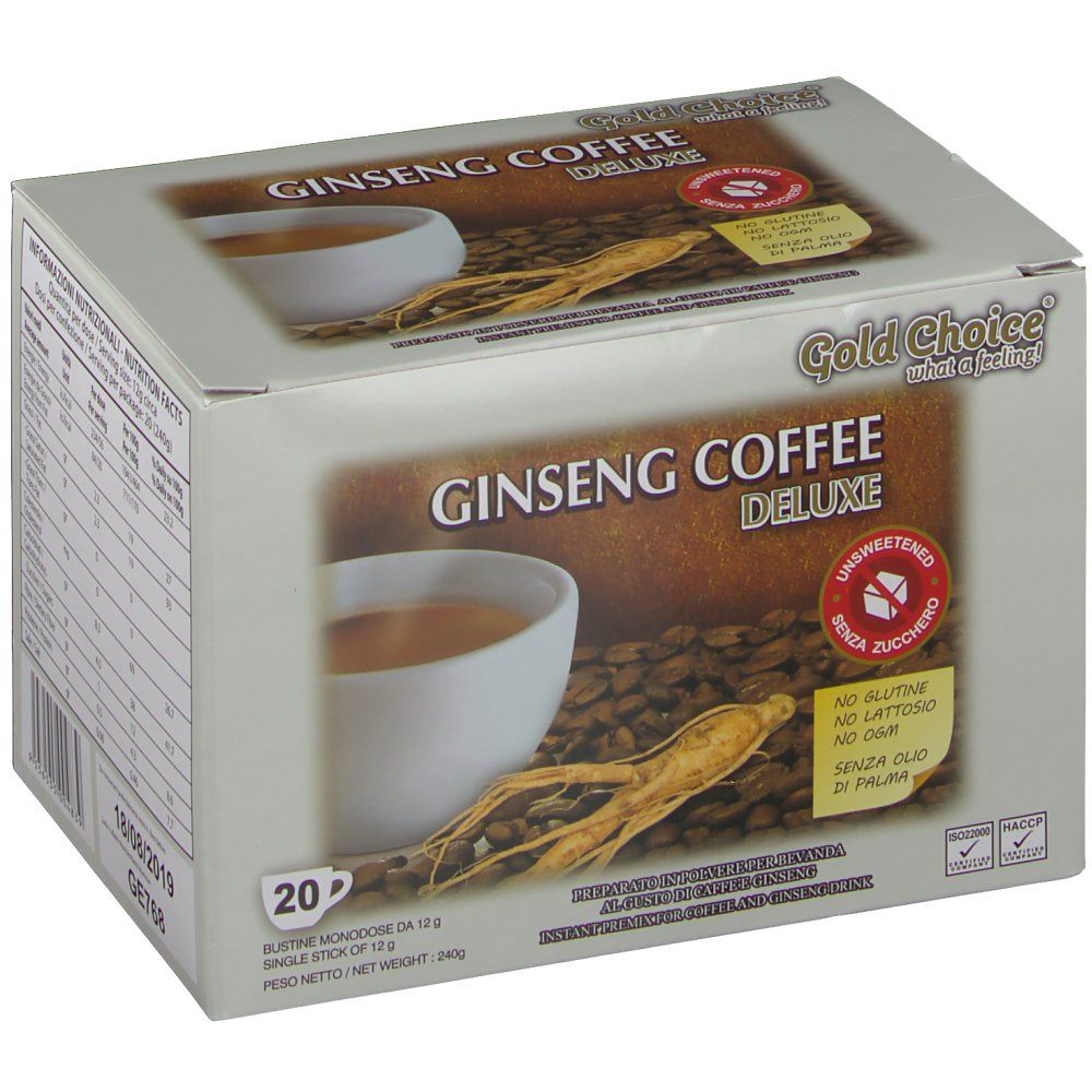 Boîte de Ginseng Coffee Deluxe. Marque : Gold Choice. 20 portions individuelles. Sans sucre, gluten, lactose et huile de palme.
