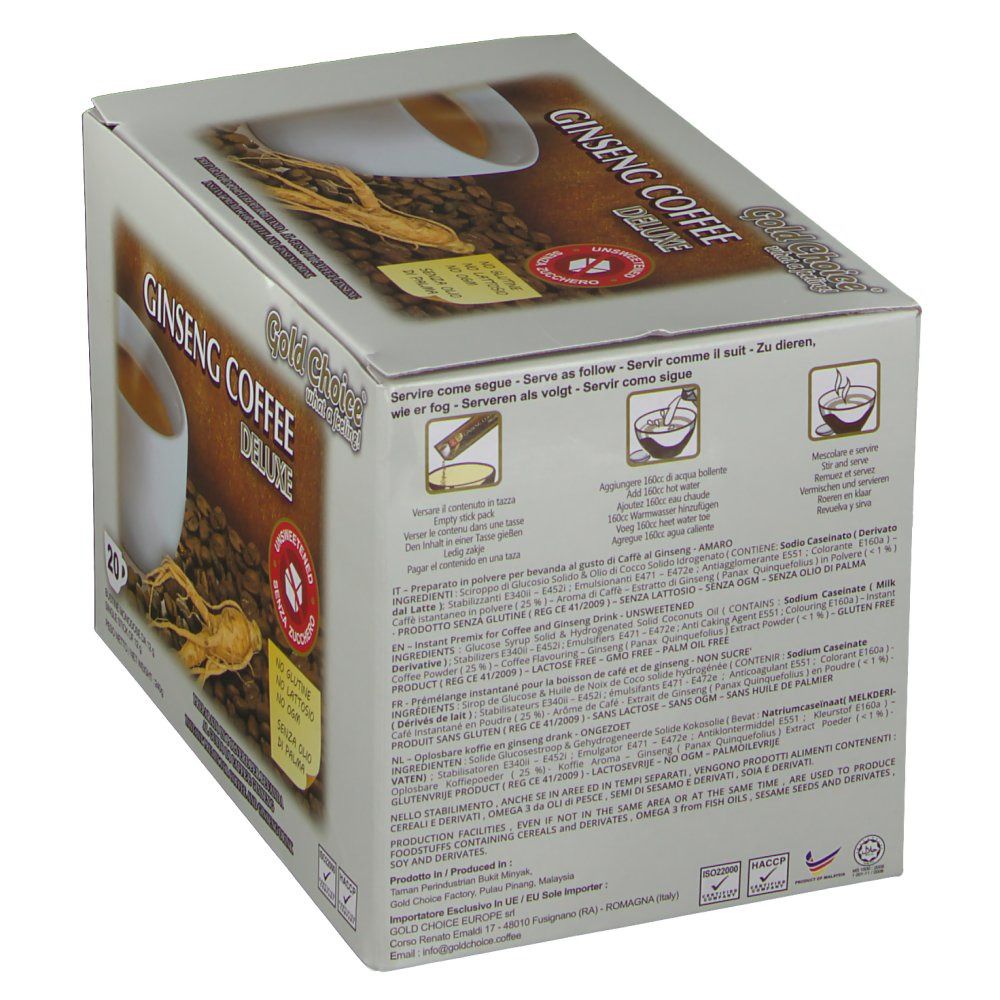 Dos de l'emballage Ginseng Coffee Deluxe. Contient des informations sur les ingrédients et la préparation. Marque : Gold Choice.