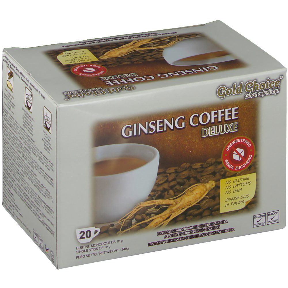 Boîte de Ginseng Coffee Deluxe. Marque : Gold Choice. 20 portions individuelles. Sans sucre, gluten, lactose et huile de palme.