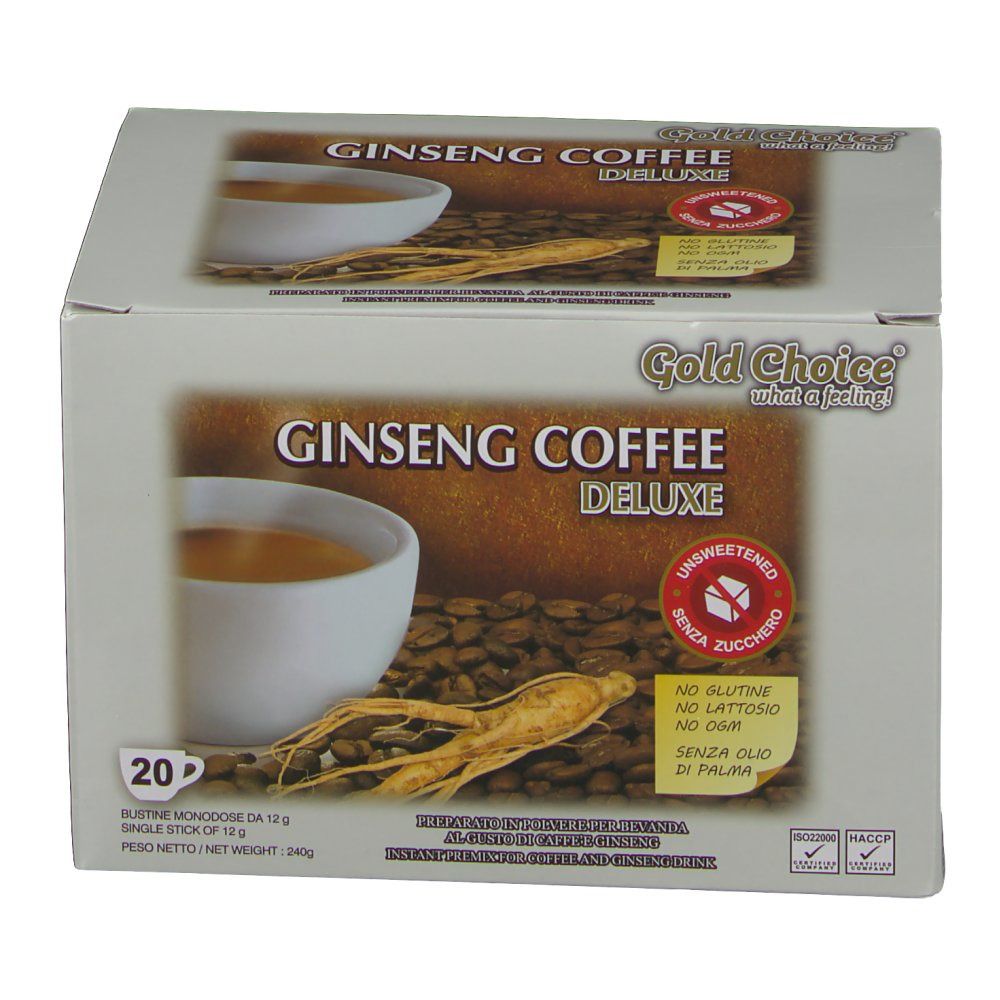 Boîte de Ginseng Coffee Deluxe. Marque : Gold Choice. 20 portions individuelles. Sans sucre, gluten, lactose et huile de palme.