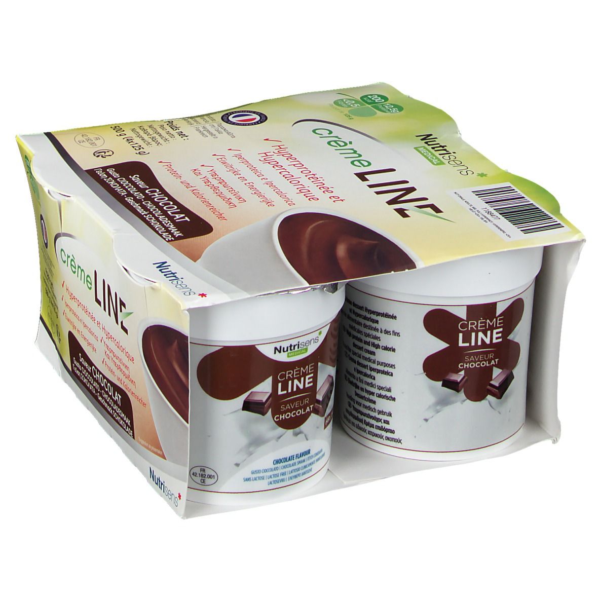 Emballage de quatre pots de crème LINE au chocolat. Nom du produit et logo visibles. Drapeau français et informations nutritionnelles.