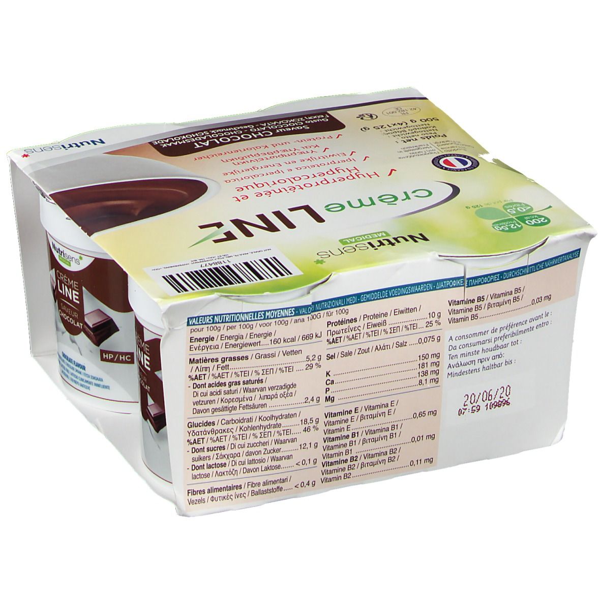 Emballage de quatre pots de crème LINE au chocolat. Nom du produit et logo visibles. Drapeau français et informations nutritionnelles.