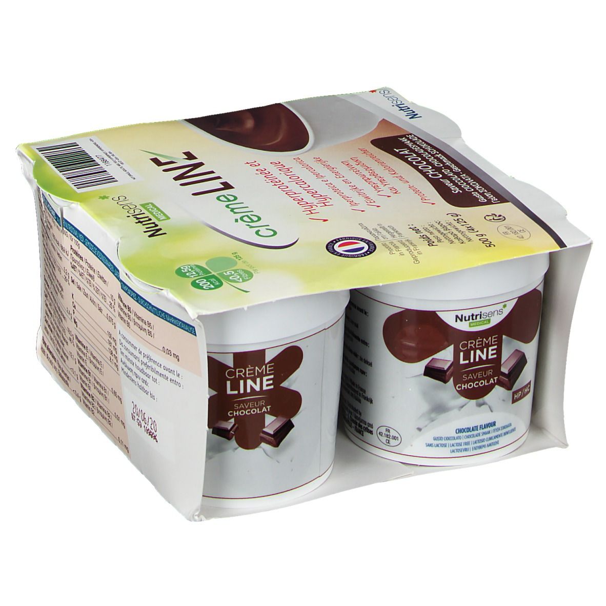 Emballage de quatre pots de crème LINE au chocolat. Nom du produit et logo visibles. Drapeau français et informations nutritionnelles.