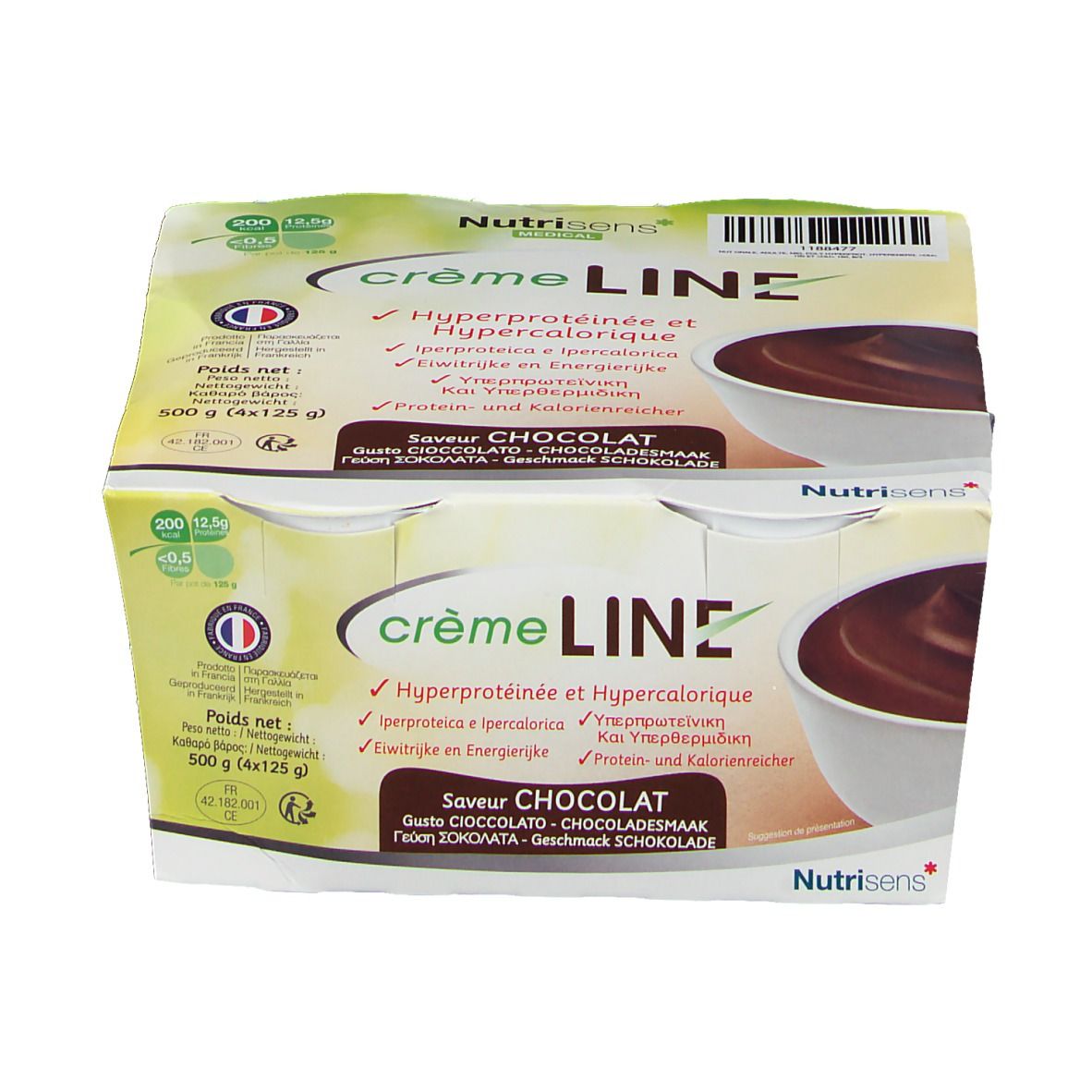 Emballage de quatre pots de crème LINE au chocolat. Nom du produit et logo visibles. Drapeau français et informations nutritionnelles.