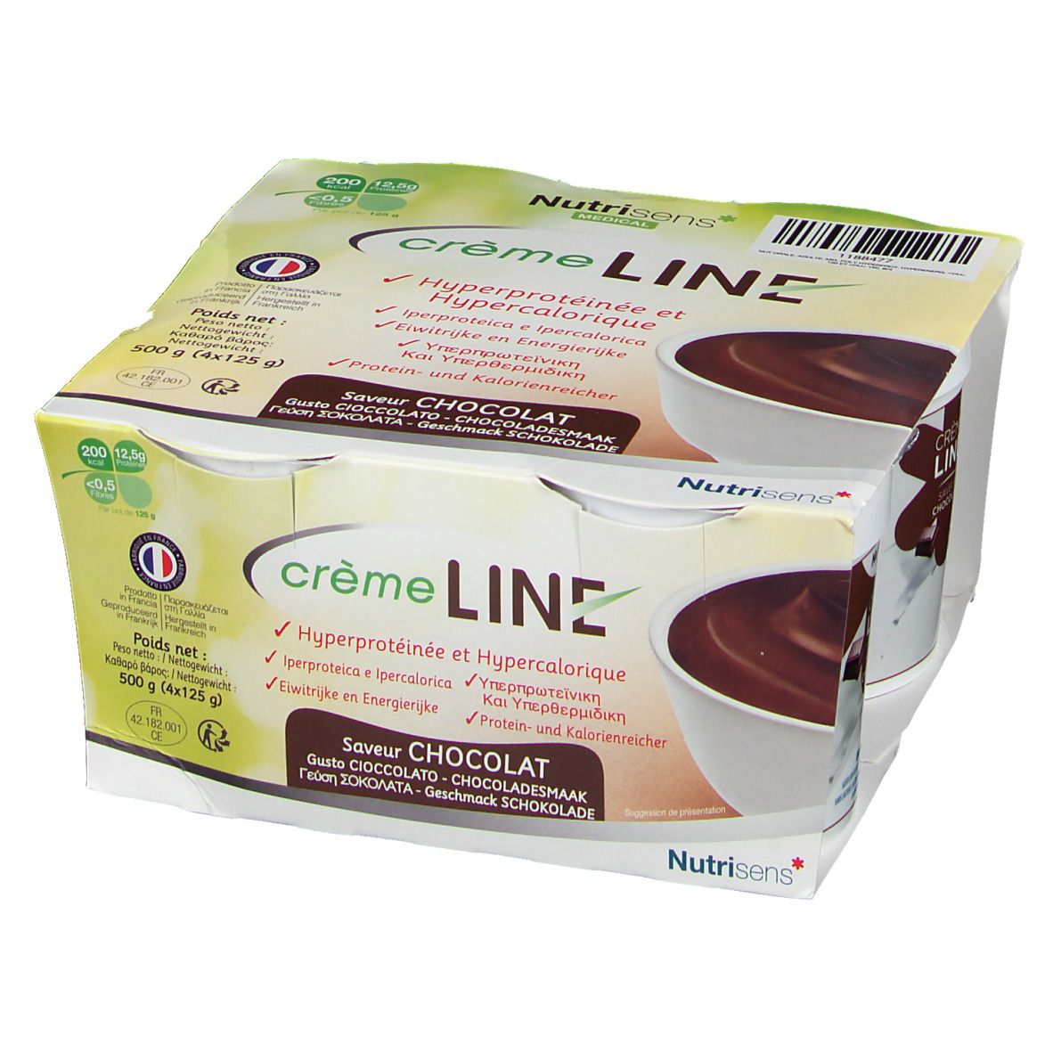 Emballage de quatre pots de crème LINE au chocolat. Nom du produit et logo visibles. Drapeau français et informations nutritionnelles.