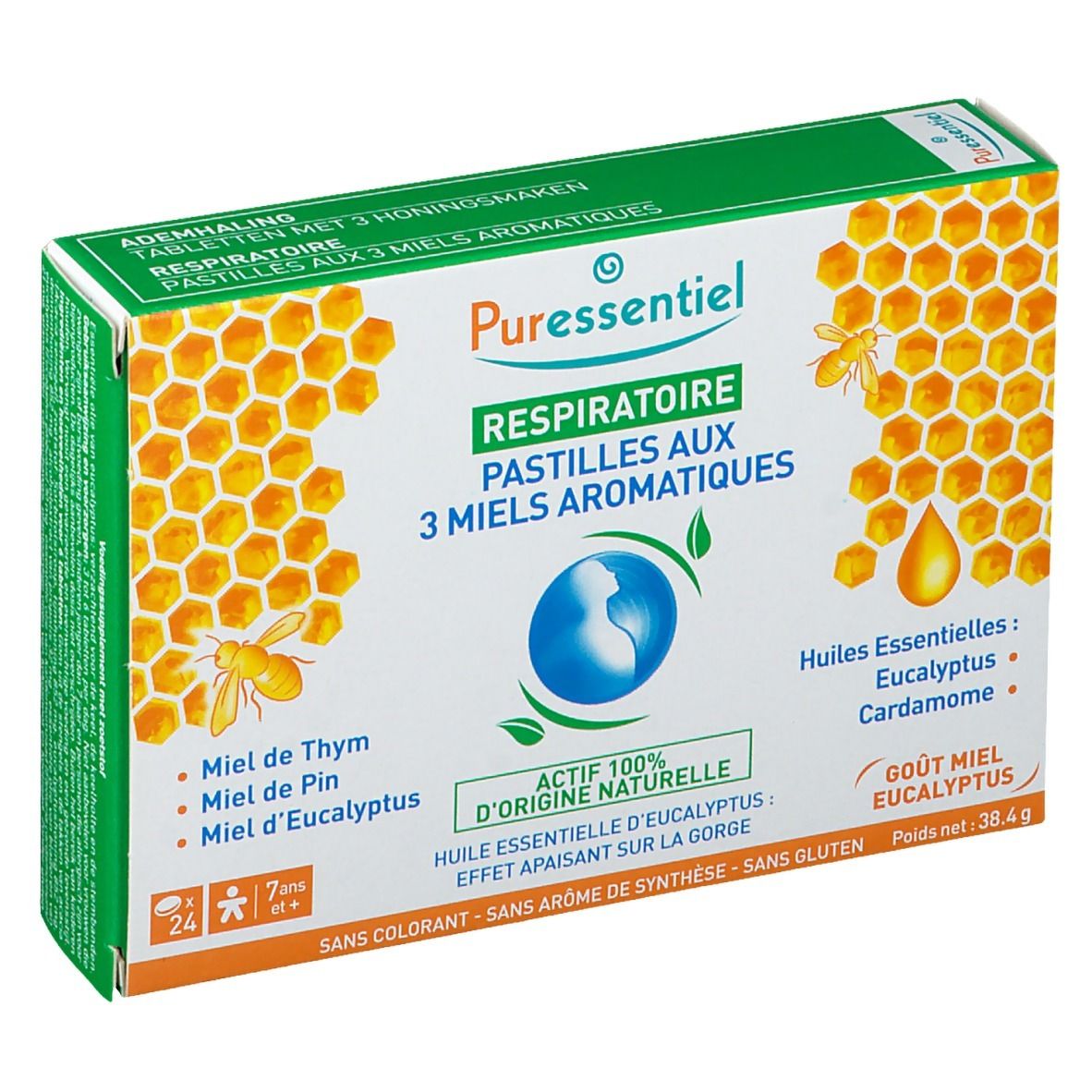 Boîte de pastilles Puressentiel Respiratoire aux 3 miels aromatiques. Contient des huiles essentielles. 24 pastilles, 7+ ans.