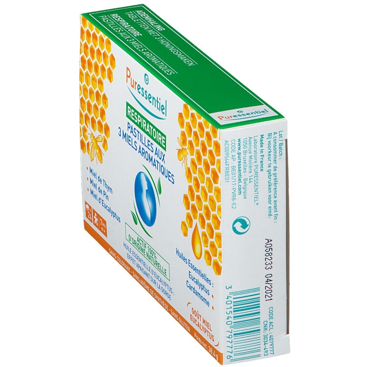 Vue oblique de la boîte de pastilles. Puressentiel Respiratoire, 3 miels aromatiques. Contient des huiles essentielles. 24 pastilles.