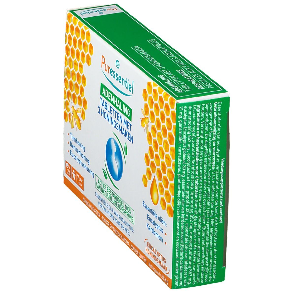 Vue oblique de la boîte de pastilles. Puressentiel Voies respiratoires, 3 miels aromatiques. Contient des huiles essentielles. 24 pastilles.