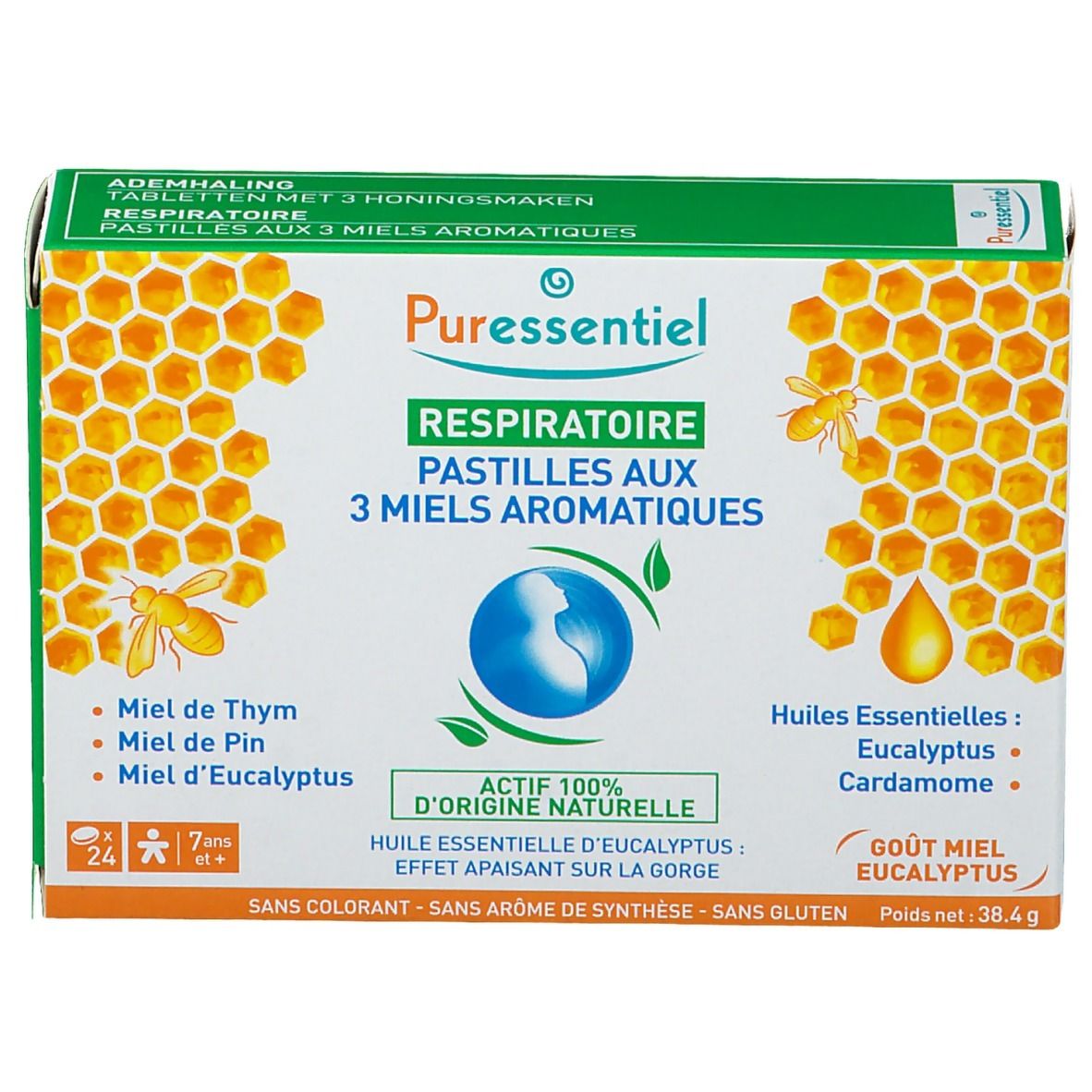 Boîte de pastilles Puressentiel Voies respiratoires aux 3 miels aromatiques. Contient des huiles essentielles. 24 pastilles, 7+ ans.