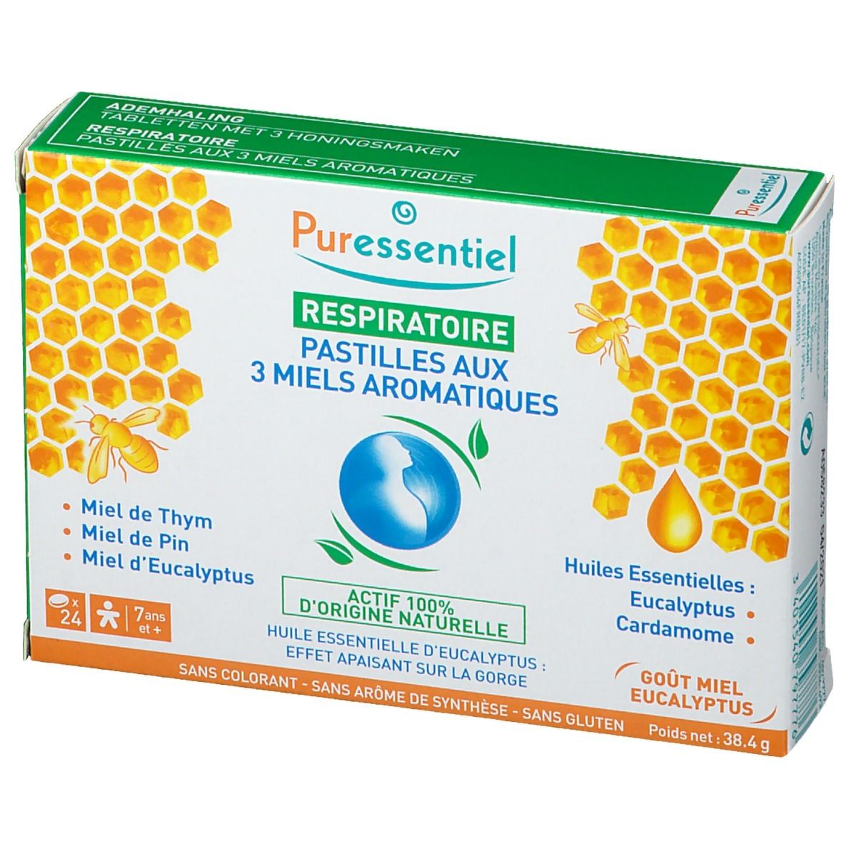 Boîte de pastilles Puressentiel Voies respiratoires aux 3 miels aromatiques. Contient des huiles essentielles. 24 pastilles, 7+ ans.