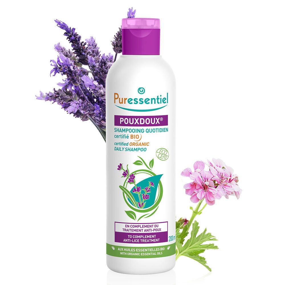 Flacon blanc, bouchon violet. POUXDOUX, Shampooing quotidien certifié BIO. Arrangements floraux.
