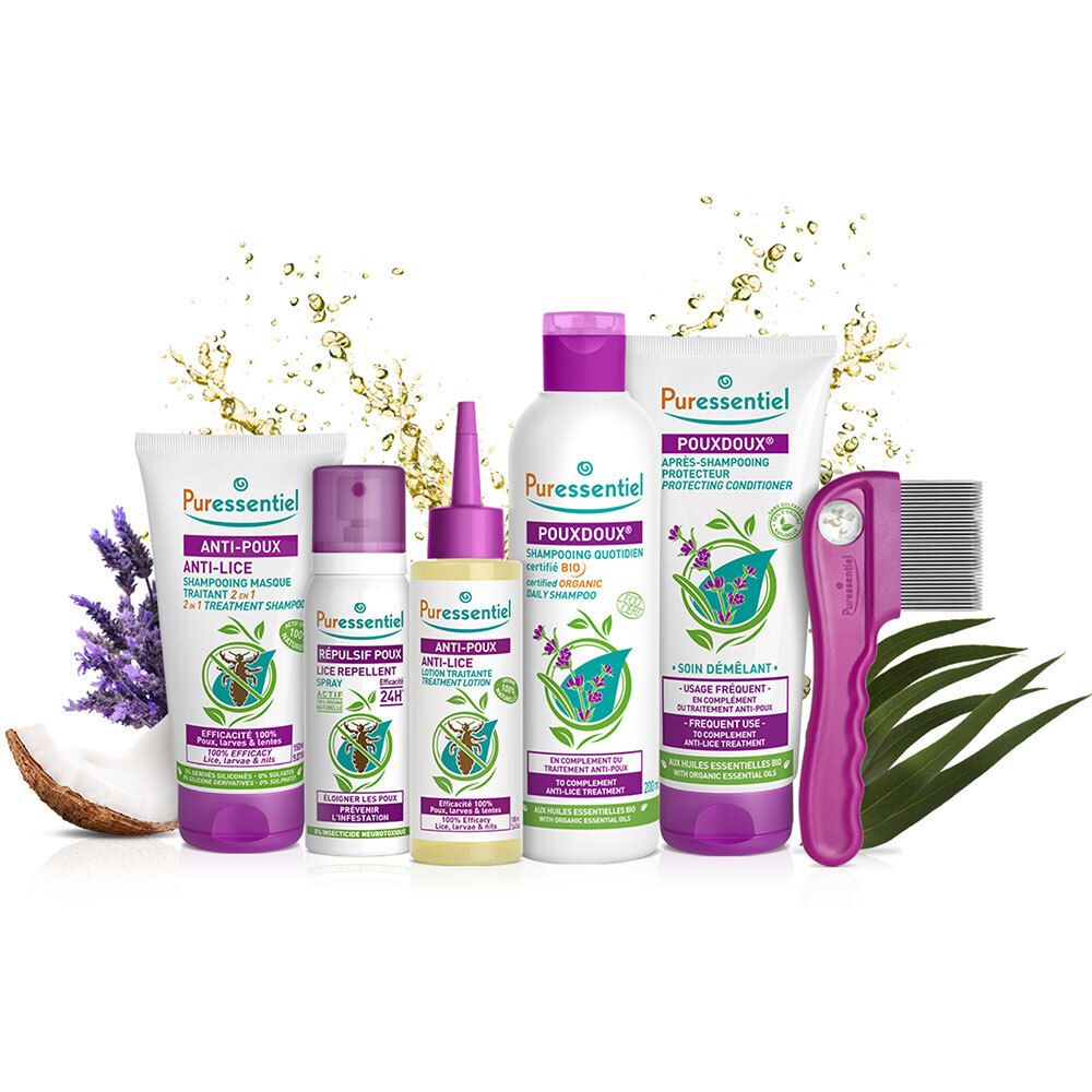Verschillende Puressentiel producten: shampoo, conditioner, anti-luizen en kam.