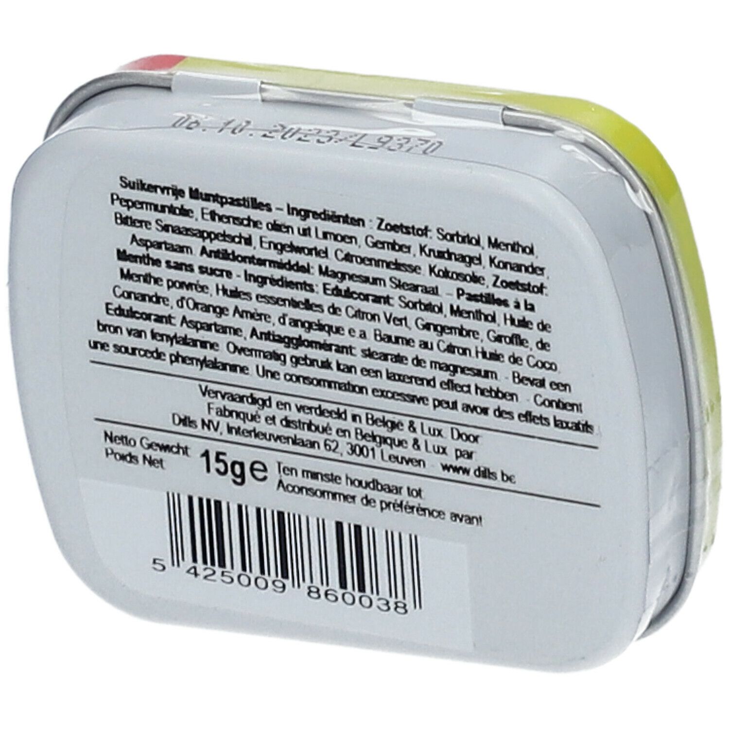 Dos d'une boîte métallique jaune avec texte. Liste des ingrédients, poids 15g, et code-barres.