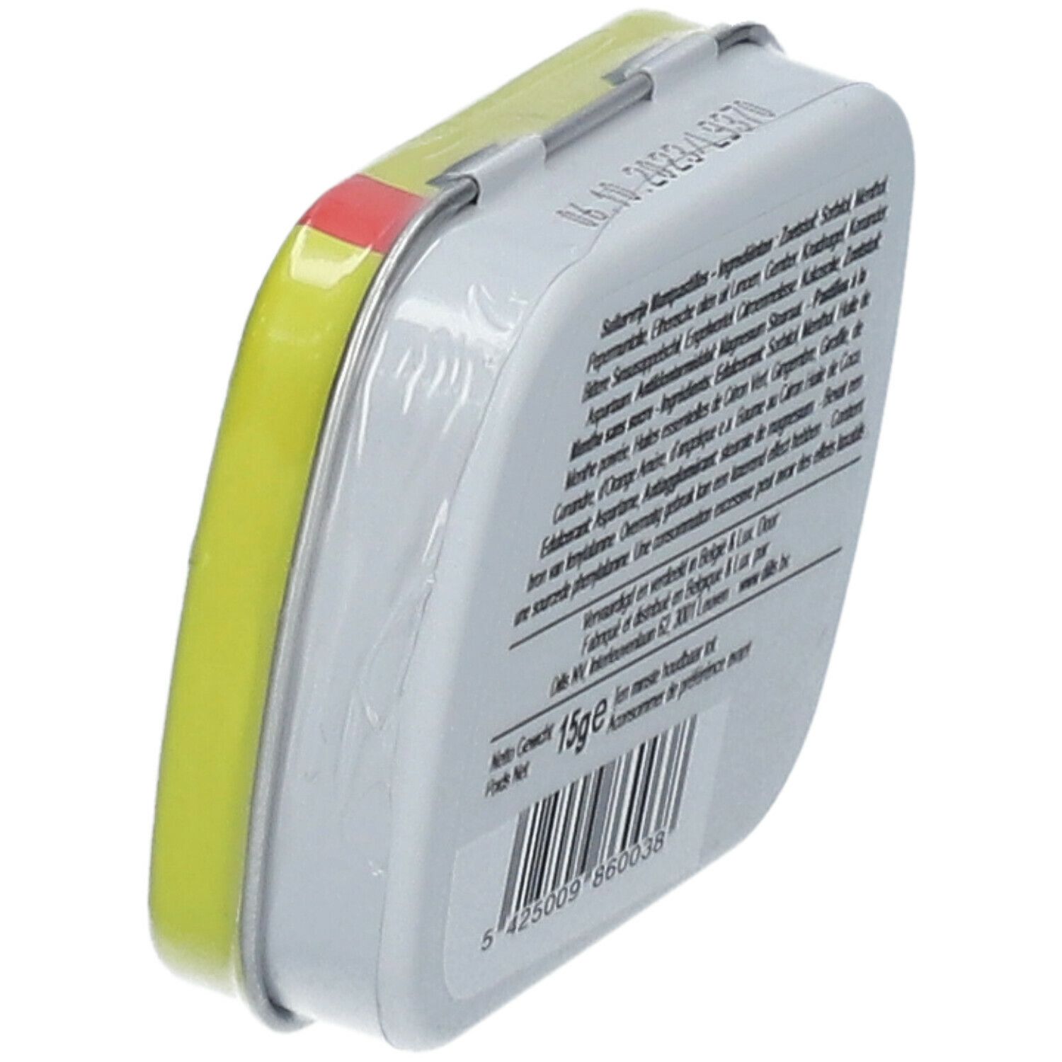 Dos d'une boîte métallique jaune avec texte. Liste des ingrédients, poids 15g, et code-barres.