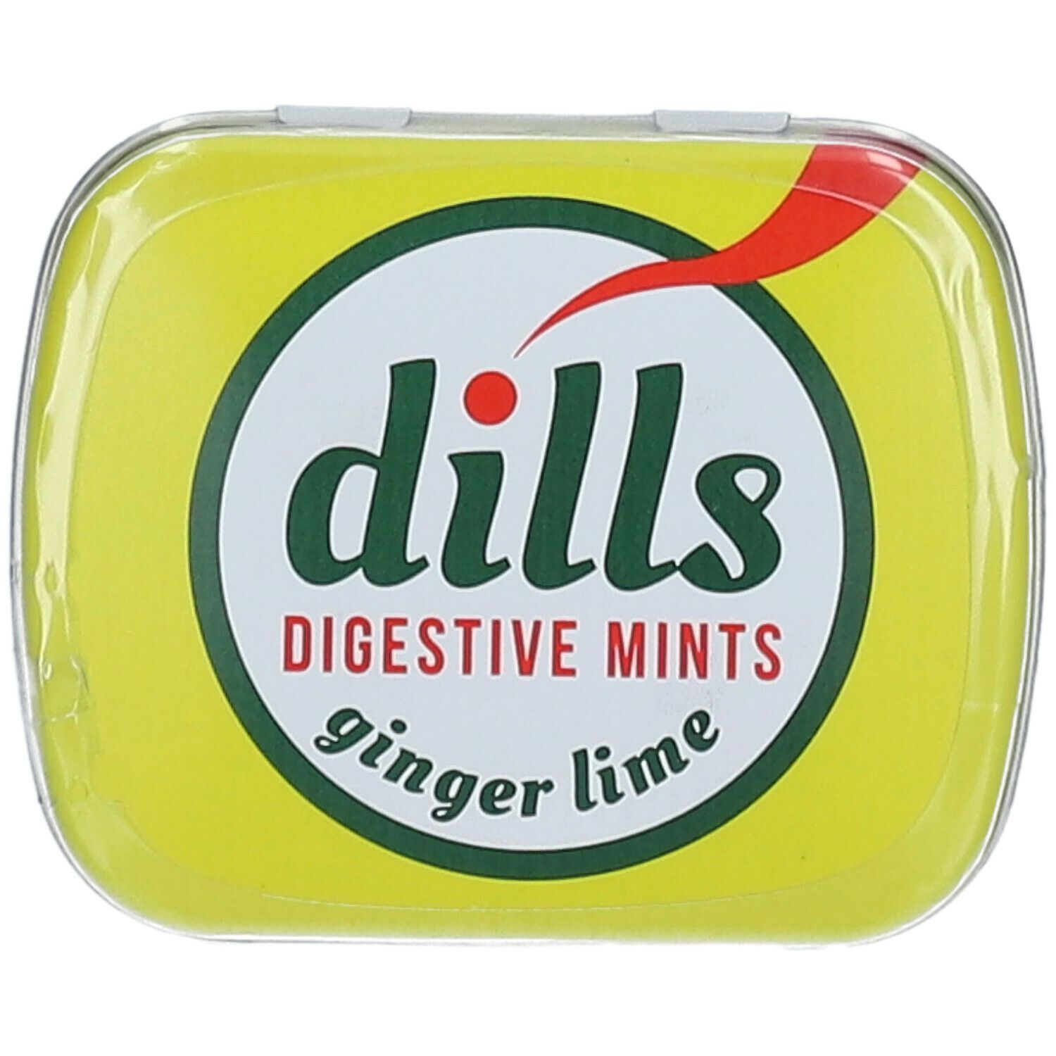 Boîte métallique jaune avec "dills Digestive Mints ginger lime". Emballage plastique transparent.
